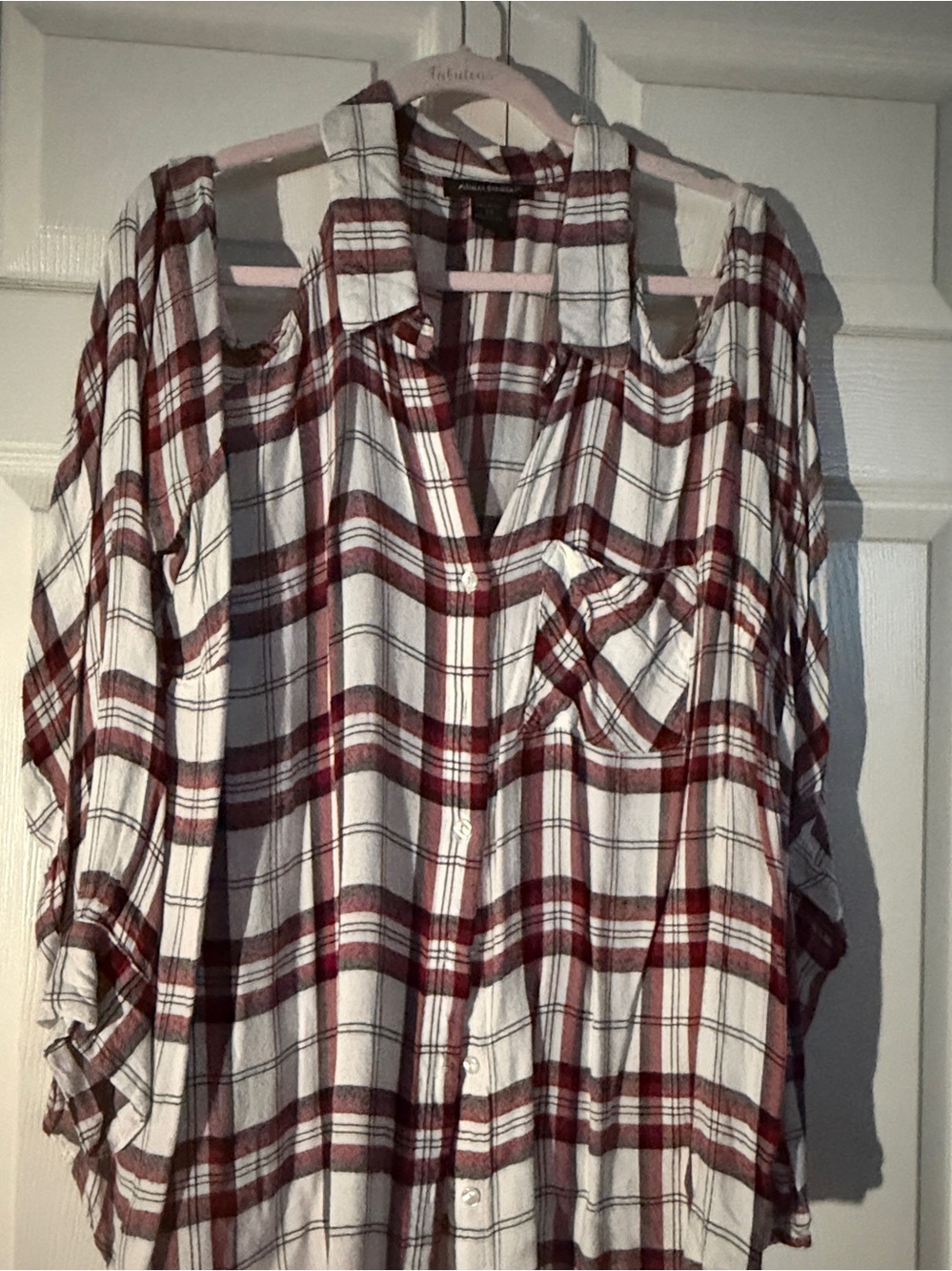 Ashley Stewart Burgundy and White Plaid Cold-Shoulder Button-Down Top